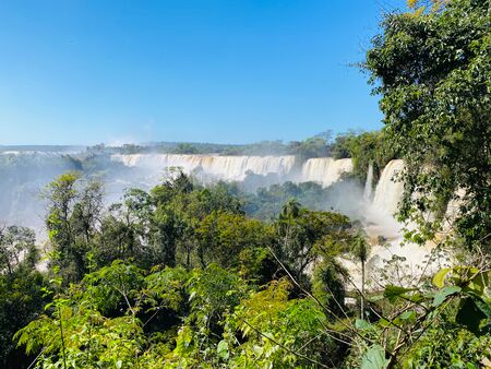 Ein atemberaubender Blick auf die Iguazu Wasserfälle auf der argentinischen Seite. Dichte grüne Vegetation umgibt die mächtigen Wasserfälle, die in einer breiten Kaskade herabstürzen. Der klare blaue Himmel vervollständigt die beeindruckende Naturkulisse.
