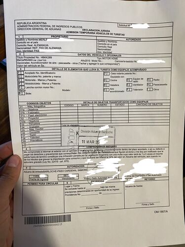 Der Temporary Import Permit, also das Zolldokument einer zeitbegrenzten Einfuhr eines Fahrzeug in ein südamerikanisches Land. Persönliche Daten sind geschwärzt.