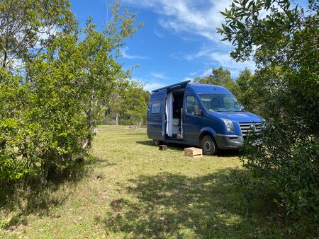 Ein blauer Campervan steht auf einer grasbewachsenen Lichtung, umgeben von Bäumen unter einem blauen Himmel mit weißen Wolken. Vor dem Van befindet sich eine einfache Feuerstelle aus Steinen und verkohlten Holzresten. Der Van ist teilweise geöffnet.
