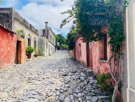 Eine wunderschöne und gemütliche Gasse in der Altstadt von Colonia del Sacramento, Uruguay. Die Gasse ist gesäumt von farbenfrohen Häuschen mit historischer Architektur, die den charmanten und malerischen Charakter dieser UNESCO-Weltkulturerbestätte zeigt
